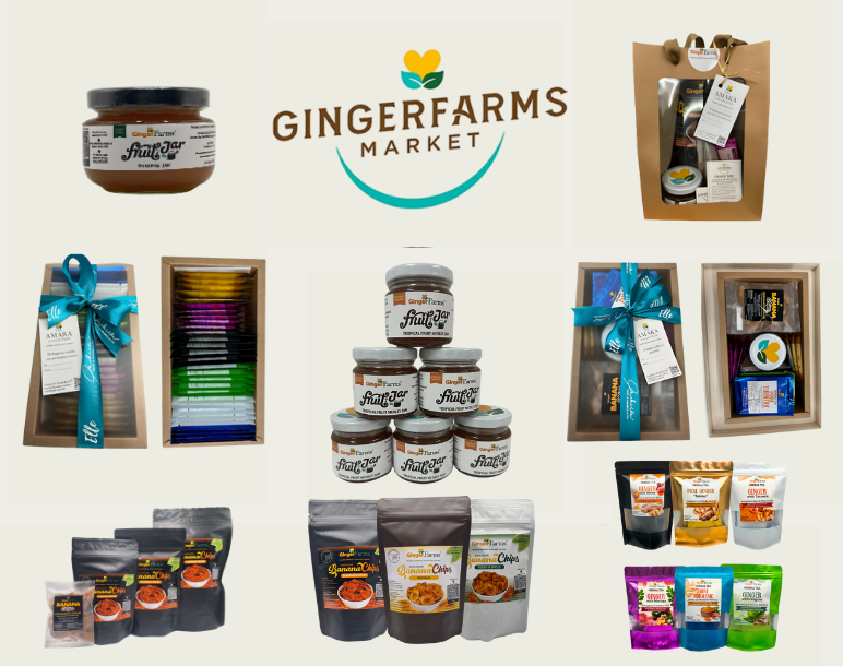 Different products made by GingerFarms: jars of fruit jams, herbal tea, and packs of banana chips.