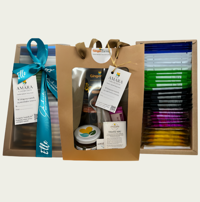 Box of Herbal Teas on the left and bottom, and fruit jams on the right